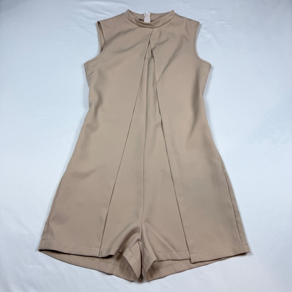 SHEIN Romper Womens S Beige Mock Neck Pleated Sleeveless Back Zip